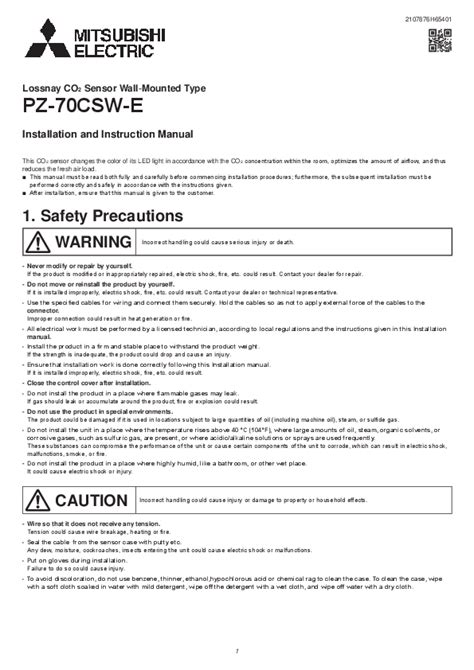 Mitsubishi Electric Lossnay CO2 Sensor PZ-70CSW-E Installation Manual