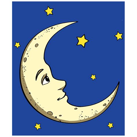 a drawing of a crescent moon with stars in the sky