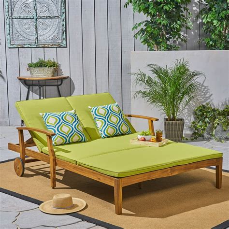 Danielle Outdoor Acacia Wood Double Chaise Lounge with Cushion, Teak, Green - Walmart.com ...