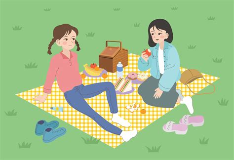 Two friends are having a picnic in the park. hand drawn style vector ...