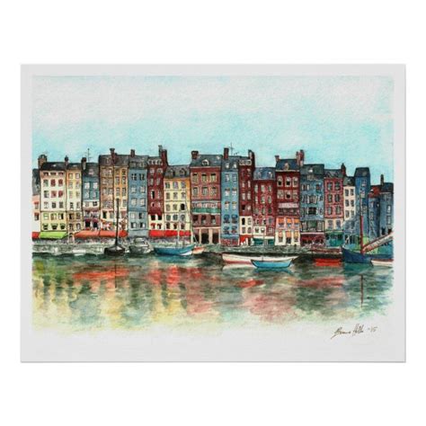 This is a watercolor reproduction of Honfleur, France in Normandy. Size: (40.00" x 30.97 ...