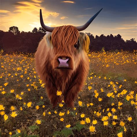 Highland Cow with Sunflowers and Sunset · Creative Fabrica