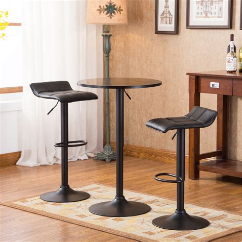 Roundhill Furniture Belham Black Round Top Adjustable Height Bar Table and 2 Swivel Black Bonded ...