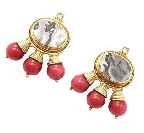 Elizabeth Gage Red Coral and White Agate Diamond Yellow Gold Earrings ...