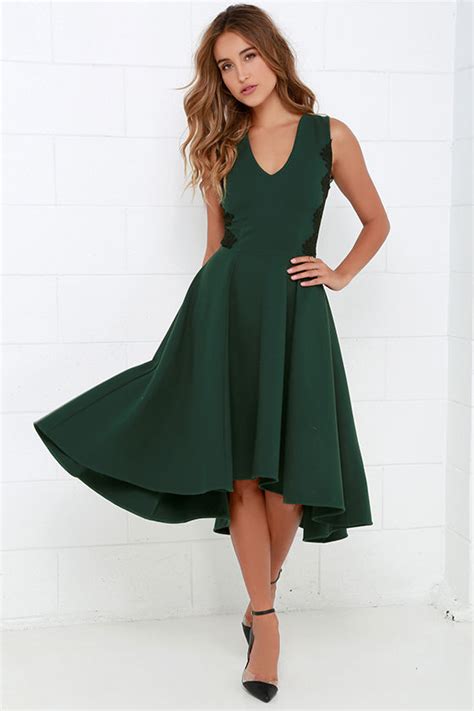 Lovely Dark Green Dress - Lace Dress - Midi Dress - High-Low Dress ...