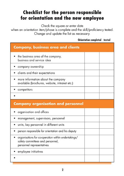 Example Work Orientation Checklist Template