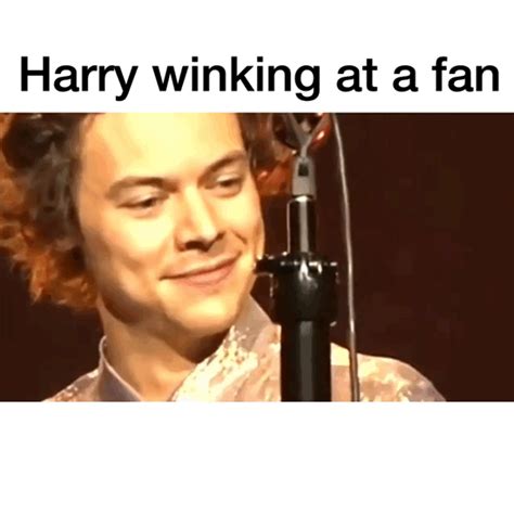 harry winking at a fan in front of a microphone with the caption harry winking at a fan