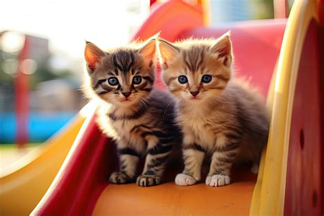 Cute little kitten cats that playing together at playground with happiness, funny moment of pet ...