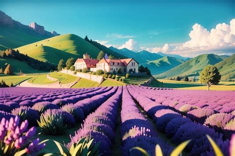 Premium AI Image | A lavender field in the mountains with a house in ...