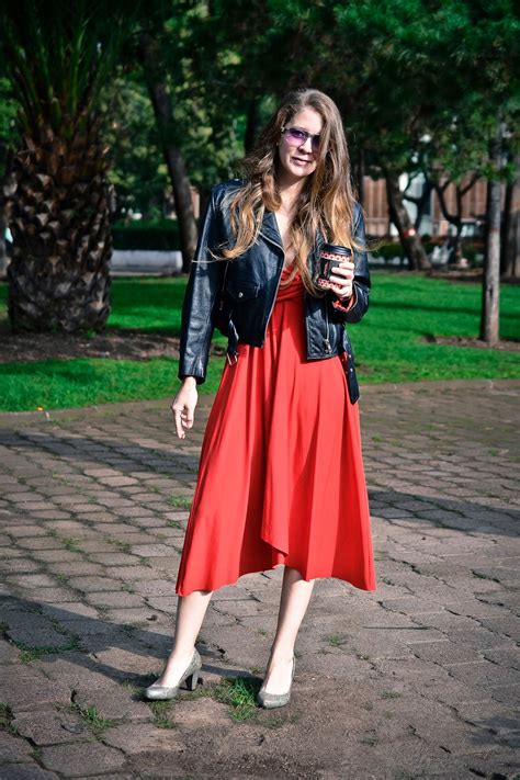 Red evening dress + black leather jacket.