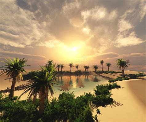 Oasis at Sunset in a Sandy Desert Stock Illustration - Illustration of ...