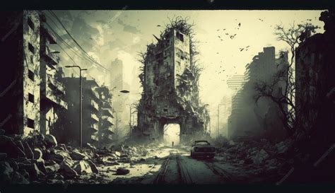 illustration painting of destroyed Abandoned City, Digital Illustration, Ruins Creepy Grunge ...