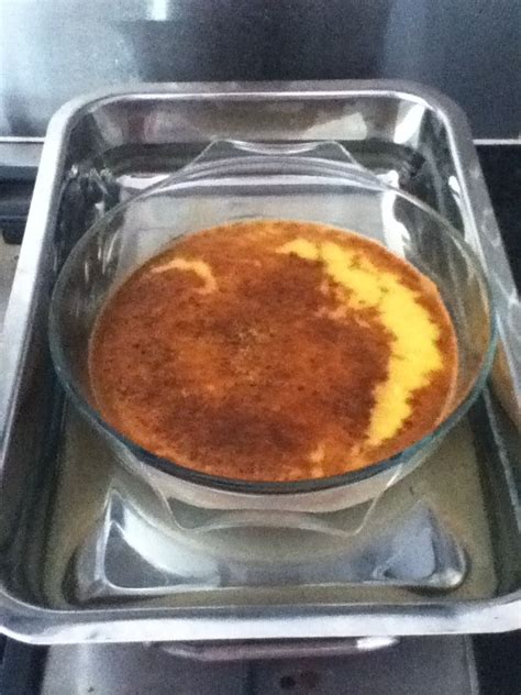 Baked egg custard. 568ml of milk, 4 eggs, 50g caster sugar, 2 t spoons vanilla, fresh nutmeg ...