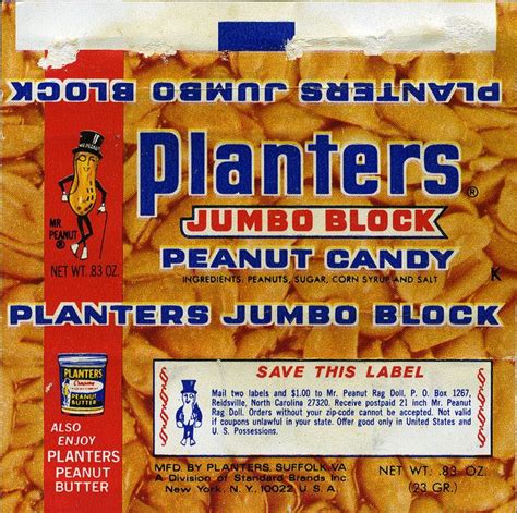 Planters - Jumbo Block peanut candy bar wrapper - 1970's | Peanut candy ...