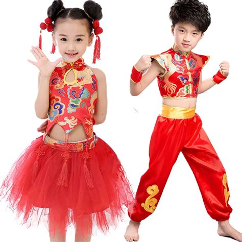 Girls Boys Size 110 140 Chinese New Year Dress Clothes Red Yellow ...