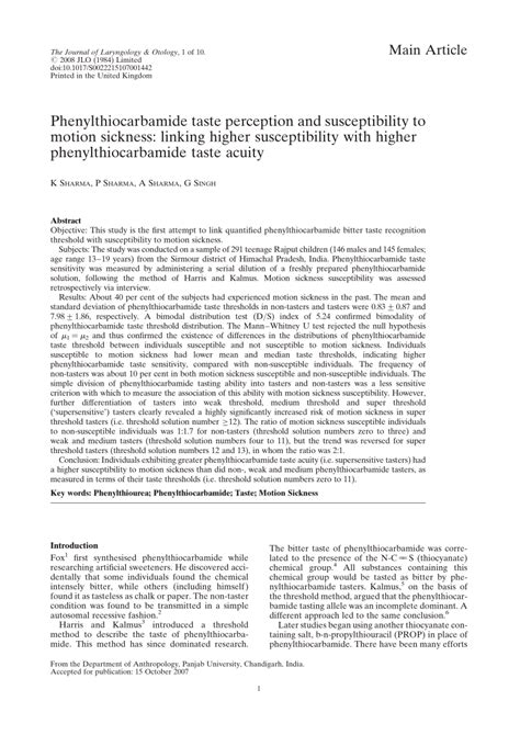 (PDF) Phenylthiocarbamide taste perception and susceptibility to motion sickness: Linking higher ...