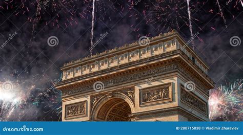 Celebratory Colorful Fireworks Over the Arc De Triomphe, Paris, France Stock Photo - Image of ...