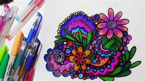 Flower and Leaf Doodle with Glitter Gel Pens and Sharpie Markers - YouTube