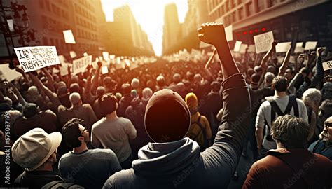 Protesting crowd people on city street with raised fist rear view, anti war national protest ...