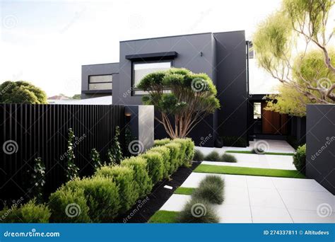 Modern, Minimalist House Exterior with Minimalist Garden and Sleek Black Fence Stock Image ...