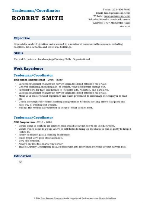 Tradesman Resume Samples | QwikResume