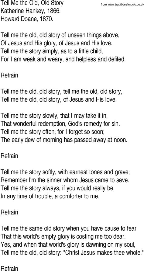 Hymn and Gospel Song Lyrics for Tell Me the Old, Old Story by Katherine Hankey