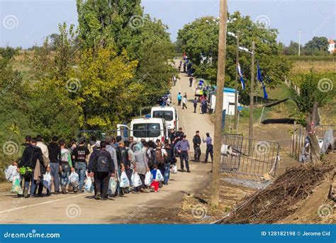 Refugees Walking Towards the Croatian Border Crossing on the Croatia Serbia Border, between the ...