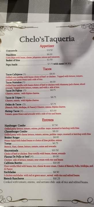 Menu at Chelo's Taqueria restaurant, Mission