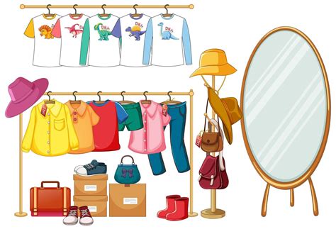 Clothes hanging on clothes rack with accessories on white background 1761937 Vector Art at Vecteezy