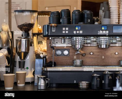 Coffee machine, cafe shop. Espresso preparation, professional equipment ...