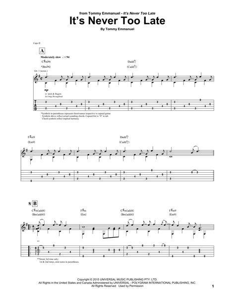 It's Never Too Late by Tommy Emmanuel - Guitar Tab - Guitar Instructor