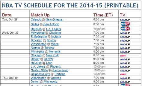 Printable NBA TV Schedule (TNT, ESPN, ABC, NBATV) for 2014-15