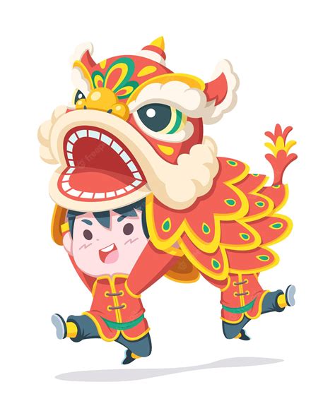 Premium Vector | Cute style boys performing traditional chinese lion dance cartoon illustration ...