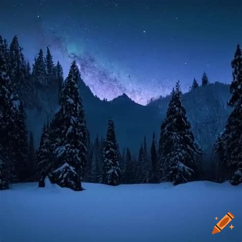 Snowy forest landscape with mountains