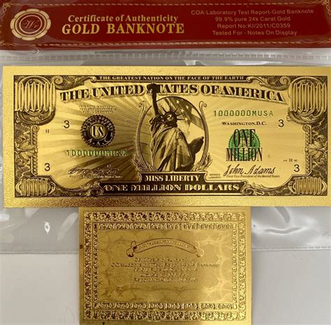 Sold at Auction: Certificate of Authenticity Gold Banknote Miss Liberty One Million Dollars