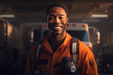 Premium Photo | Black African American EMS doctor standing proudly in front of camera in high ...