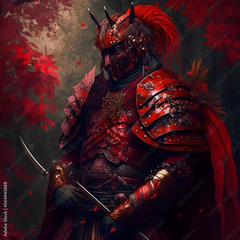 fantasy image male scarlet samurai warrior in full red samurai armor ...