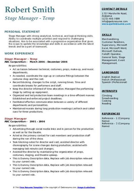 Stage Manager Resume Sample