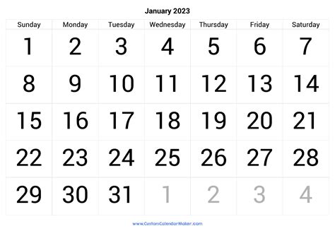 January 2023 Calendar Printable With Large Numbers