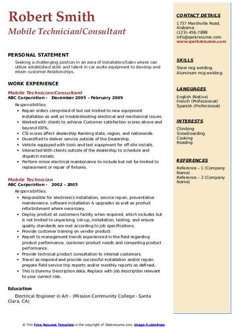 Mobile Technician Resume Samples | QwikResume