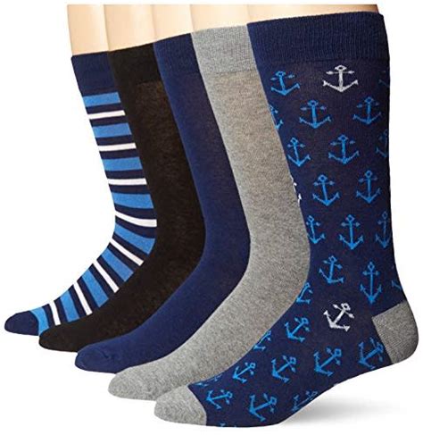 Amazon Essentials Men's Patterned Dress Socks, 5 Pairs, Anchor/Stripe, 8-12 for $19 - F16AE75004