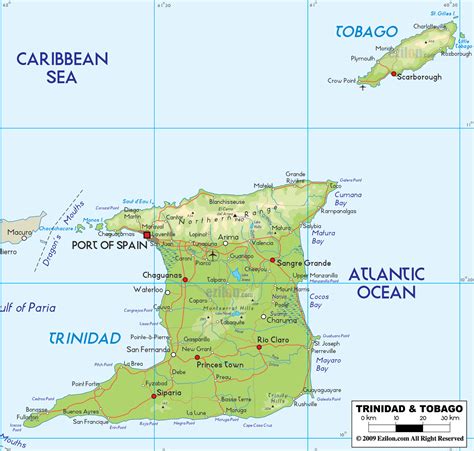 Physical Map of Trinidad and Tobago - Ezilon Maps