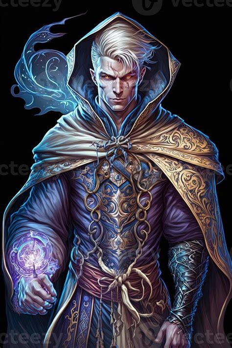 Full body view of a beautiful male sorcerer illustration, Magic sorcerer character for game ...