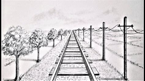 a pencil drawing of a train track with trees on each side and power ...