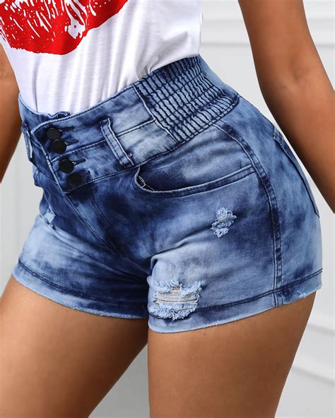 Distressed High Waist Denim Shorts Online. Discover hottest trend fashion at chicme.com