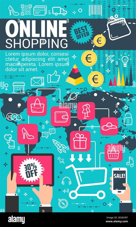 Online shopping or digital shop poster for internet retail buy. Vector flat design of consumer ...