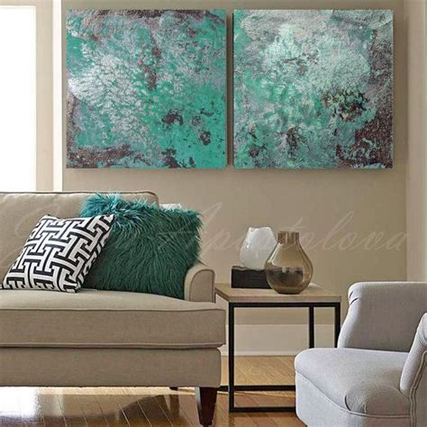 48x24inch Turquoise and Silver Wall Art Grey by JuliaApostolova Abstract Triptych, Large ...