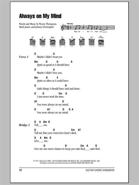 Always On My Mind by Willie Nelson Sheet Music for Guitar Chords/Lyrics ...