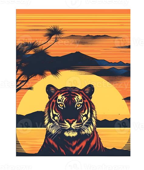 Retro Sunset Graphic Print with Tiger, Stand Out with a Unique Print 24638225 PNG