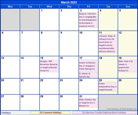 March 2023 EU Calendar with Holidays for printing (image format)